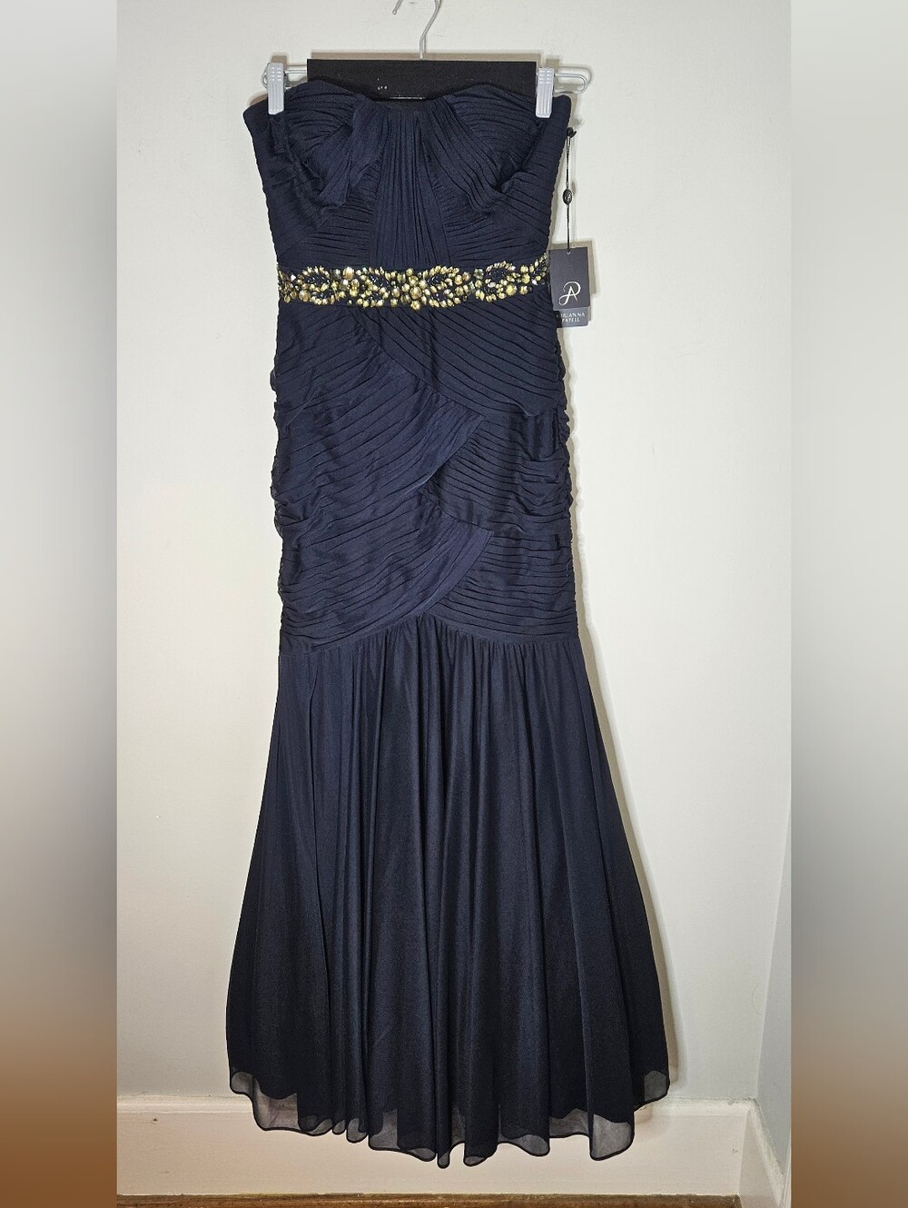 Adrianna Papell Navy Chiffon Strapless Formal Dress Maxi Shirred 2 NWT